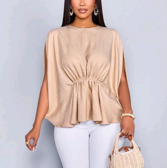 Women's Summer Vacation Solid Color Linen-Blend Simple Pleated Waist Batwing Top - Picture 3 of 4